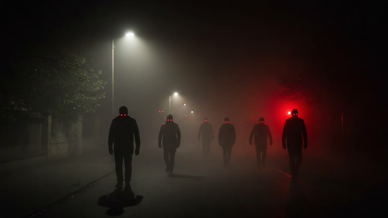 A Sinister Gathering: Shadowy Figures With Glowing Eyes Emerge from the Foggy Night, Illuminated by Dim Street Lights and an Ominous Red Glow in the Distance