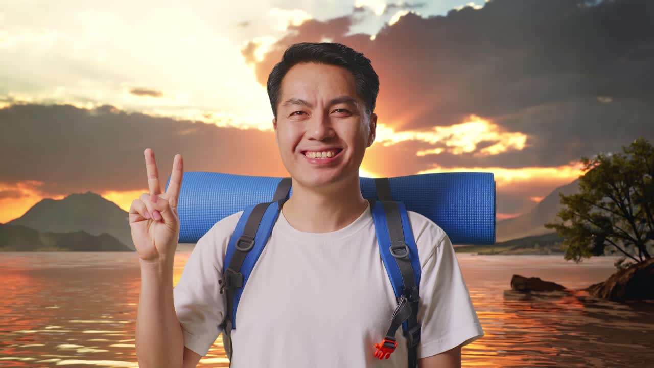 Close Up Of Asian Male Hiker With Mountaineering Backpack Smiling And Showing Peace Gesture At A Lake