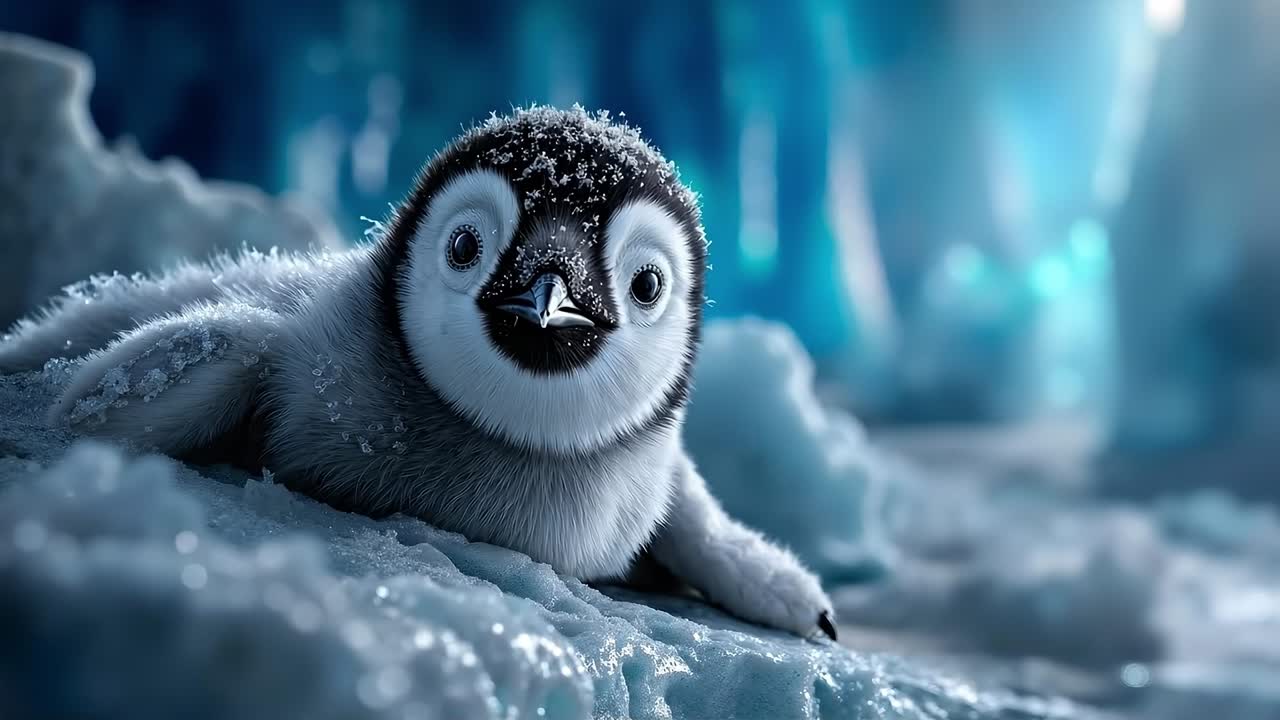 A baby penguin laying on top of an ice floer