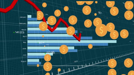 multiple dollar symbol icons over statistical data processing against blue background