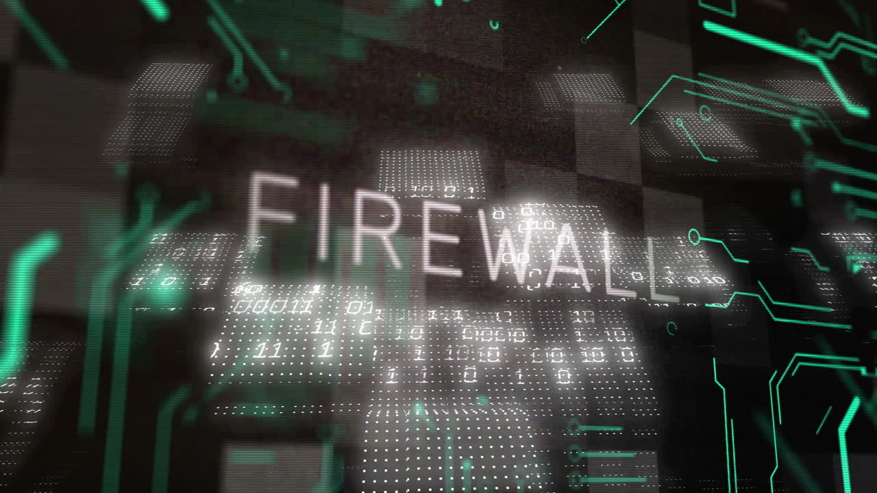 Firewall text with digital patterns and binary code animation in dark theme