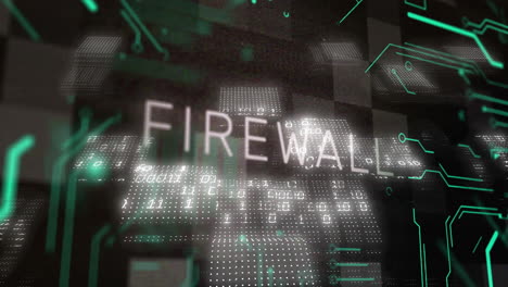 firewall text with digital patterns and binary code animation in dark theme