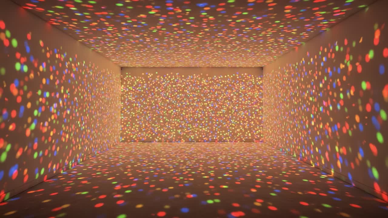 A Vibrant Projection of Colors Illuminates a Minimalist Room Transforming It into a Dancing Kaleidoscope of Light, Shadows, and Patterns