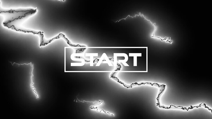 Animazione del testo "start" su fulmini su sfondo nero.