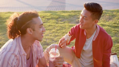 happy diverse gay male couple having picnic at promenade by the sea, slow motion