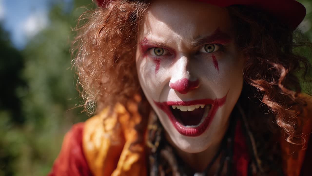 Intense Clown Emotions: A Closer Look at the Eerie Expression and Vibrant Costume of a Clown in a Thrilling Outdoor Scene