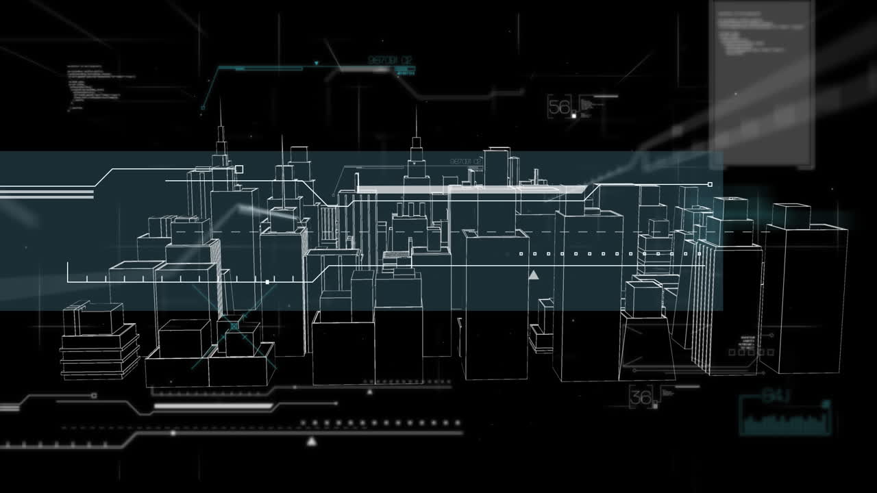 Animation of data processing over 3d cityscape drawing