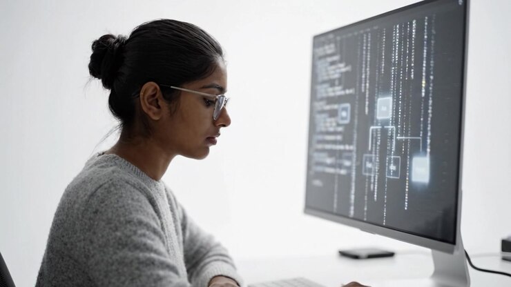 Fokuseret person analyserer kompleks kode og dataflow på en computerskærm i et minimalistisk arbejdsområde for at forbedre programmerings- og informationsbehandlingsfærdigheder
