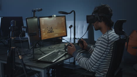 virtual reality gamer playing space simulation game
