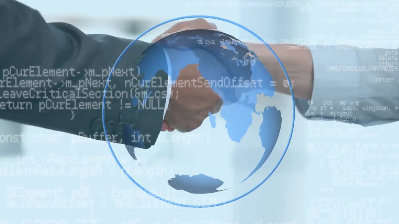 gente de negocios dándose la mano y el globo girando