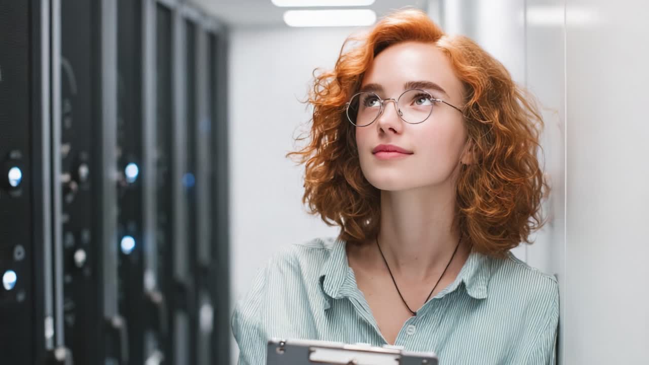 A Thoughtful Woman with Curly Red Hair and Glasses Pondering in a Modern Technological Environment While Holding a Clipboard