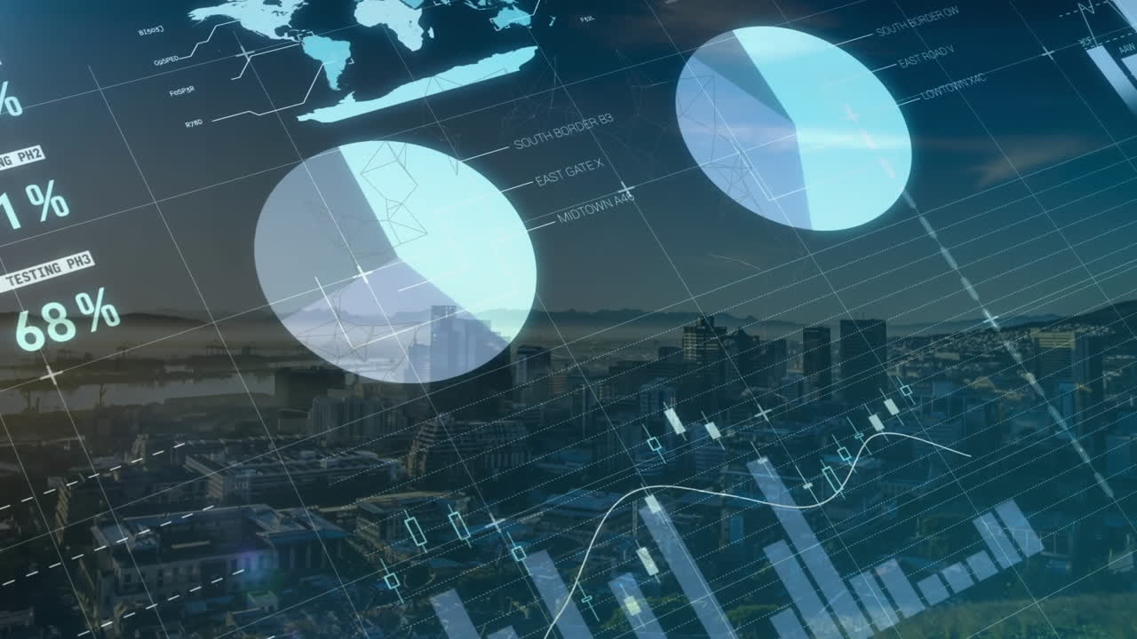 animación del procesamiento de datos estadísticos frente a una vista aérea del paisaje urbano