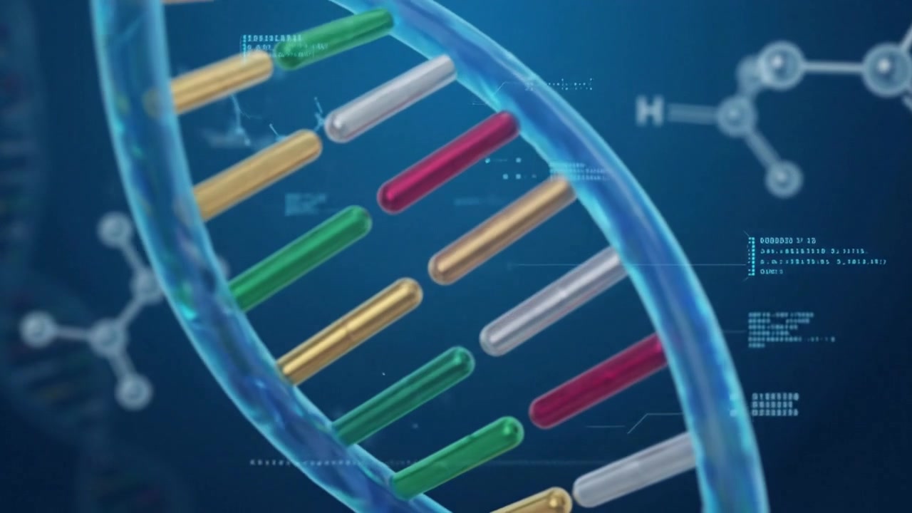 Animazione digitale dettagliata di un filamento di DNA a doppia elica rotante.