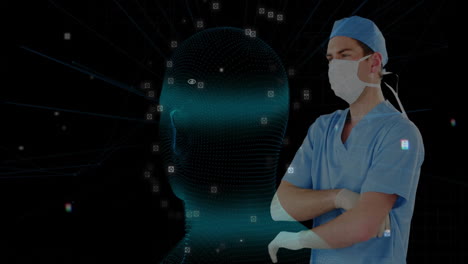 male surgeon standing beside glowing 3d data head, interacting with medical tech network overlay
