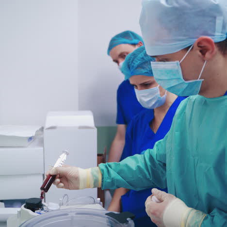 laboratory research of stem cells. platelet-rich plasma preparation. plasma in syringe.