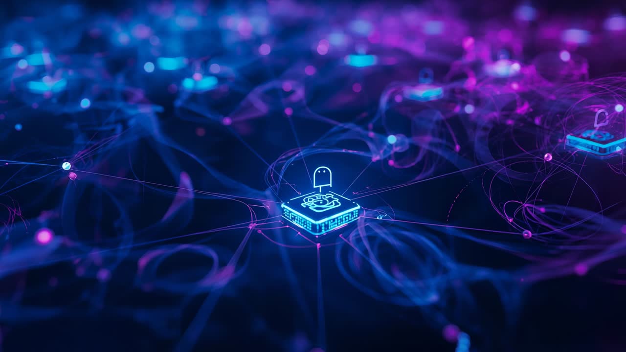 Emerging platform with padlock icon pulsing neon filaments across network, showing secure data flow
