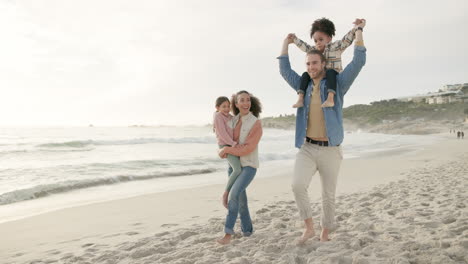 Family-at-beach,-children-and-girl-on-dad