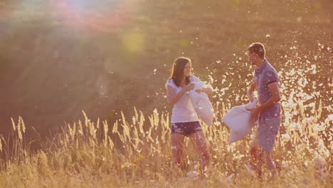 Young-People-Are-Madly-Having-Fun-A-Woman-Is-Beating-Her-Pillow-With-A-Friend-Feathers-Are-Flying-Fi