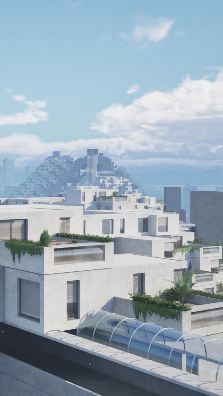Edifici moderni con una montagna in lontananza sotto un cielo azzurro limpido.