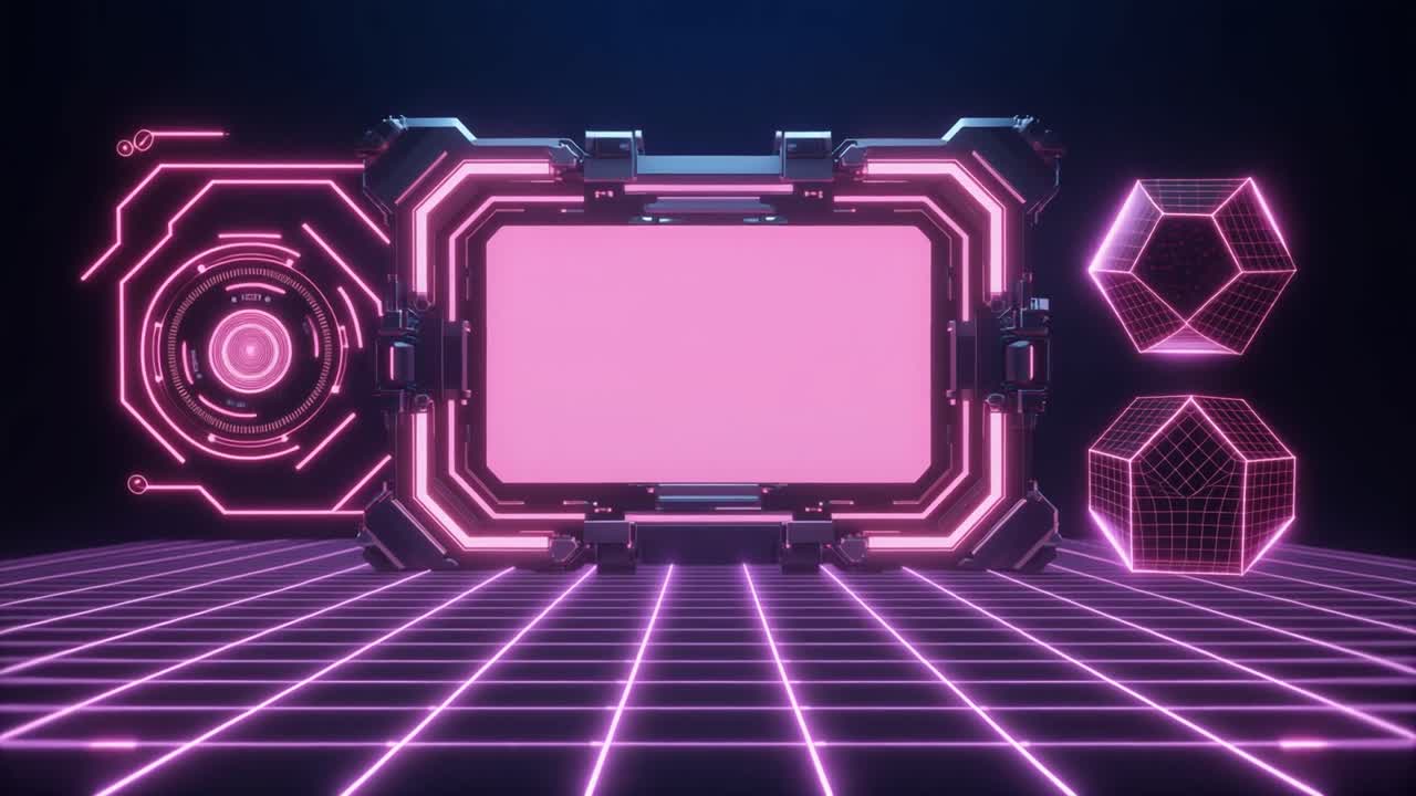 Abstract Cyberpunk Neon Display with Rotating Geometric Shapes