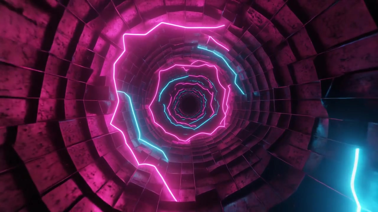 Abstract Neon Light Tunnel with Glowing Pink and Blue Rings
