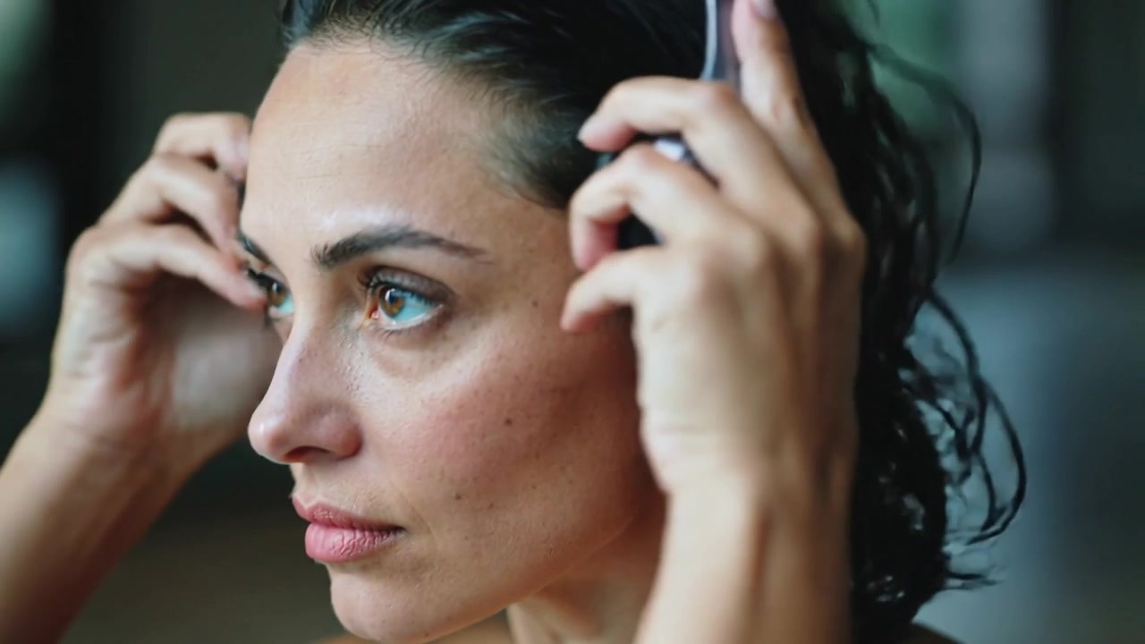 Una donna sistema le cuffie cablate a casa, posizionando il padiglione destro e preparandosi ad ascoltare