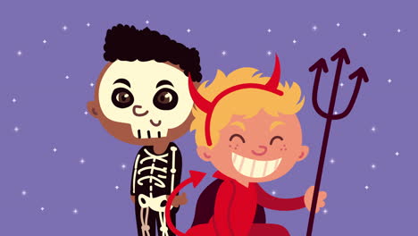 happy halloween animation with little skeleton and devil