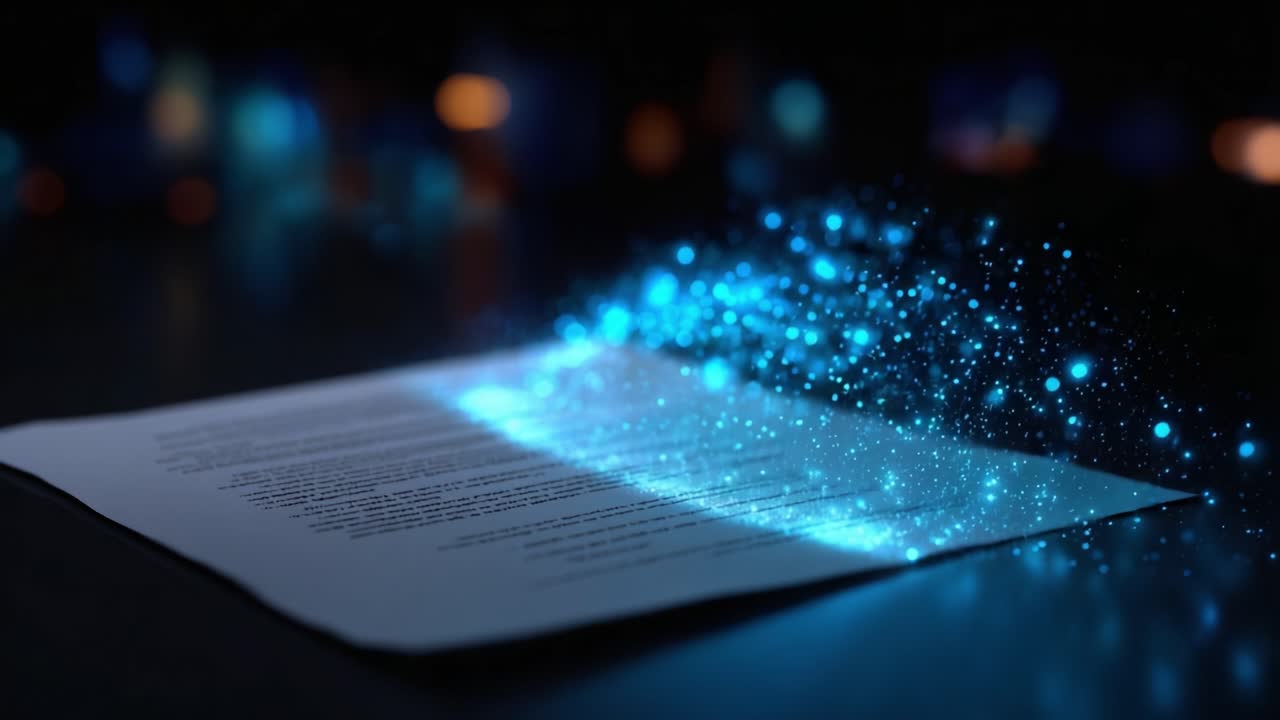 Illuminated Document with Shimmering Particles Transforming into Light Beams in a Dim Environment Creating a Magical Aesthetic of Fading Text