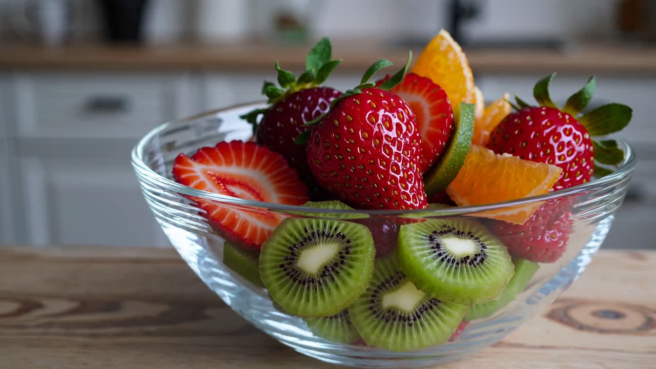 En nærbildevideo av en glassbolle fylt med livlige frukter som jordbær, kiwi og appelsin