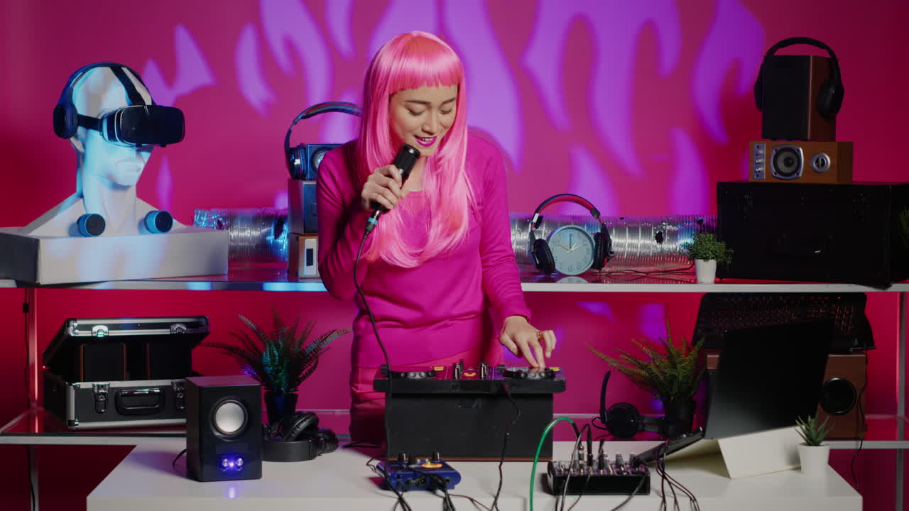 DJ with pink wig singing into a microphone