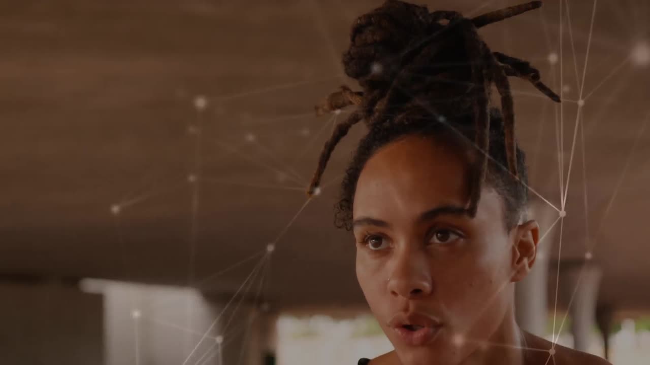 Animation of network of connections over african american woman exercising