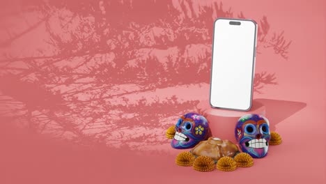 Mexikanischer-Altar,-Calaveras-Schädel-Und-Cempazúchitl-Blume,-Telefon-Mockup-Vorlage