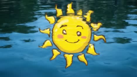 a bright and cheerful sun illustration floating on water, radiating joy and happiness against the calm surface of the lake, ideal for a summer theme
