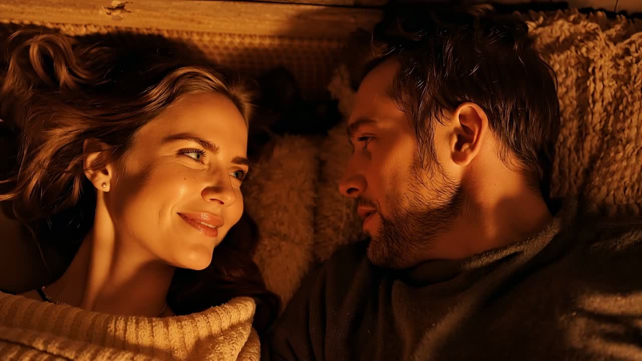 Whispering man in dark top, smiling woman in cream sweater, sharing affection under amber light