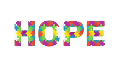 digitally generated video of with puzzle elements forming hope text against white background