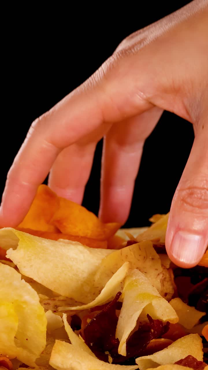 Hand picks assorted crispy root vegetable chips under bright lighting, close-up, black background, smooth motion