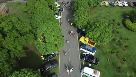 aerial view of a vintage car street display in a metropolitan city in brazil