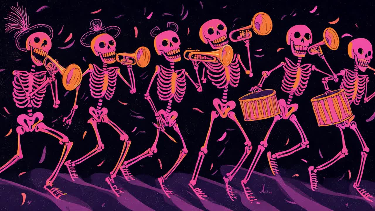 A joyful parade of vibrant, artistic skeletons marching together while playing instruments like trumpets and drums, creating a lively and festive atmosphere