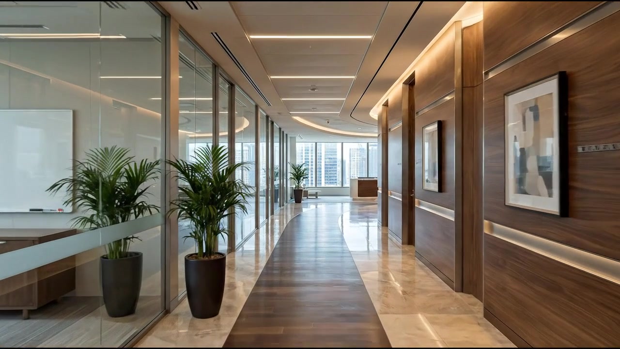 Cálido pasillo de negocios de lujo con paneles de madera, plantas y oficinas modernas de cristal