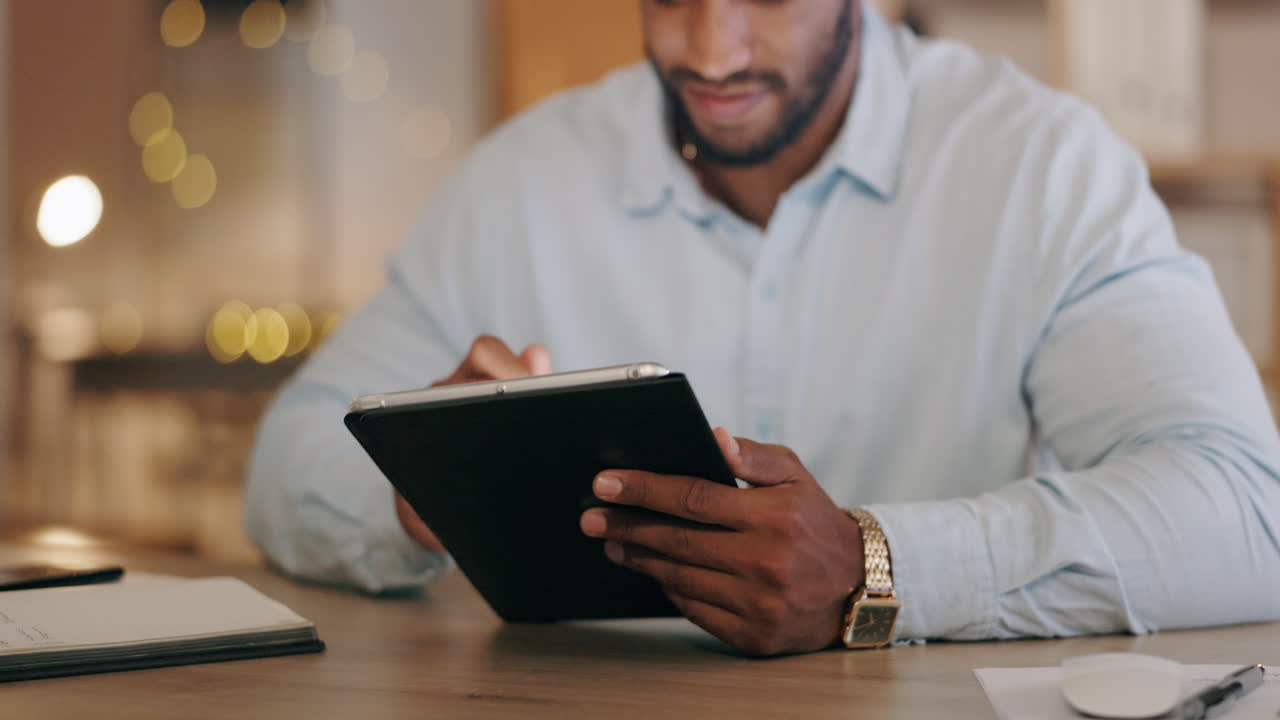 Business man, smile and tablet in dark office