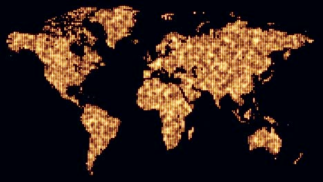 digital golden world map in flickering dots.