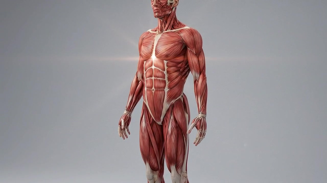 Cuerpo Muscular Humano Completo Expuesto sobre Fondo Médico Neutro en Vista Médica