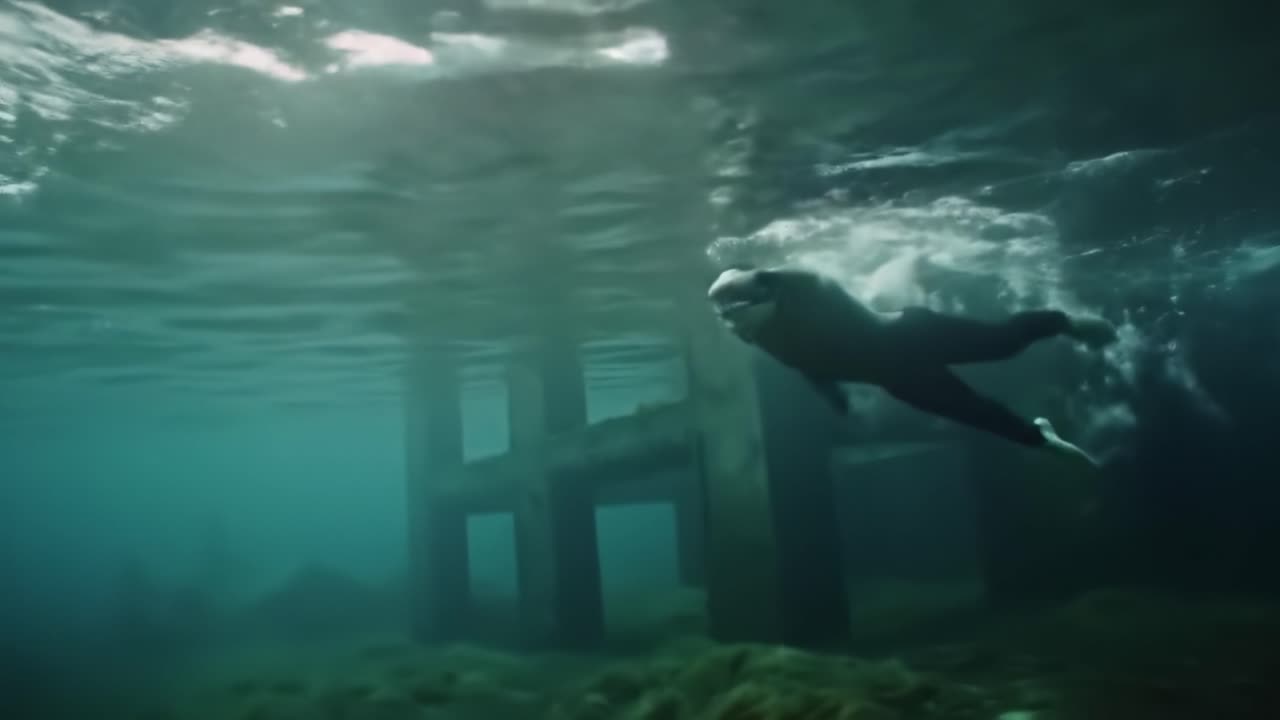 A Diver Exploring Underwater Structures: A Journey Through the Mysterious World Beneath the Surface, Capturing Serenity and Movement in the Aquatic Environment