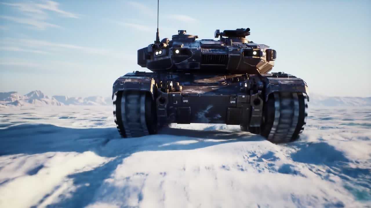 A military tank navigates through a snowy environment, showcasing advanced design and engineering. The vehicle's powerful movements create a striking visual against the frozen backdrop.