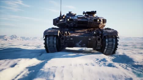 a military tank navigates through a snowy environment, showcasing advanced design and engineering. the vehicle's powerful movements create a striking visual against the frozen backdrop.