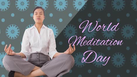 animation of world meditation day text with biracial woman meditating on grey background