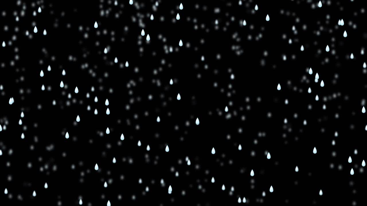 Gotas de chuva brancas estilizadas caem verticalmente em um ritmo constante contra um plano de fundo preto escuro