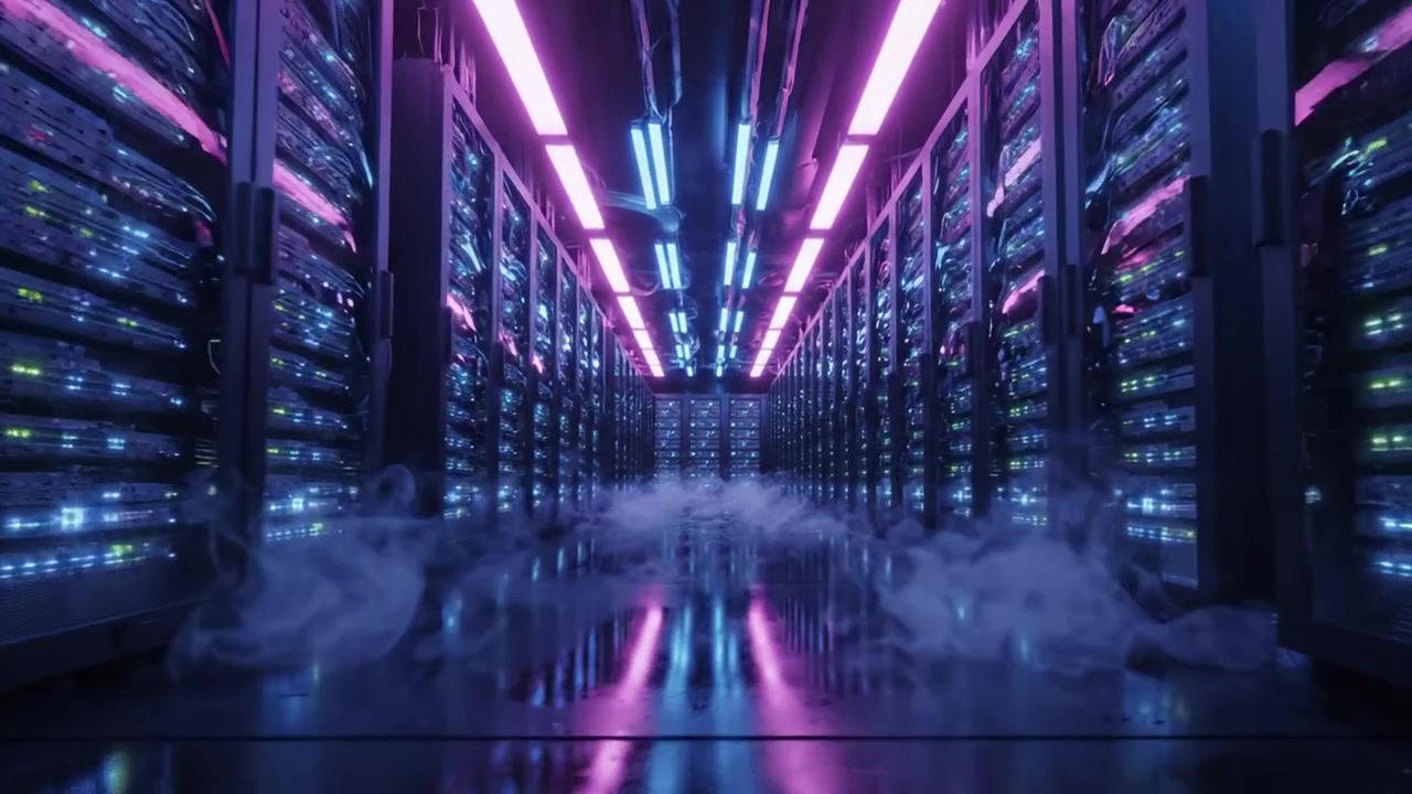 En fantastisk udsigt over et højteknologisk datacenter oplyst af levende LED-lys, der skaber en futuristisk atmosfære med refleksioner og dis på gulvet.