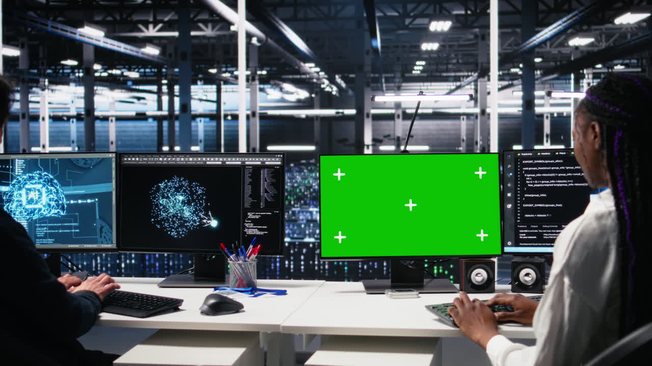 Data Center Engineers Managing Ai Systems Using Chroma Key Pc