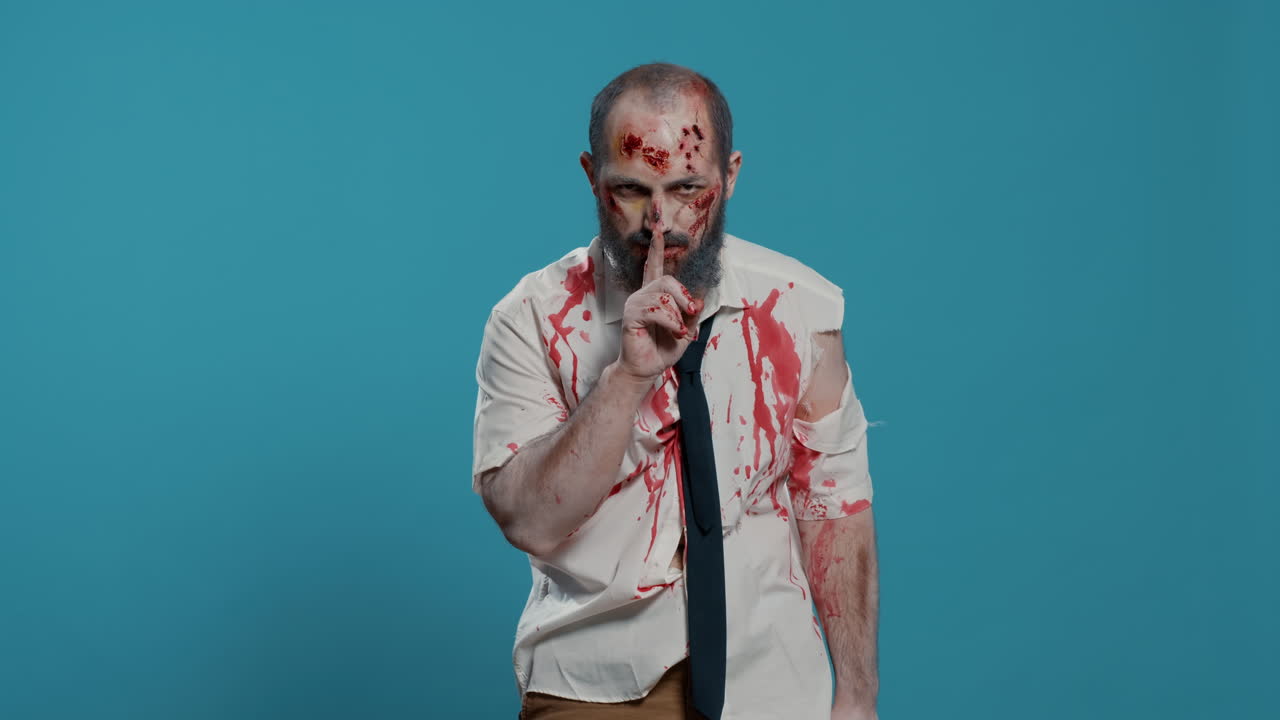 Silent creepy zombie making shush secrecy hand gesture on blue background